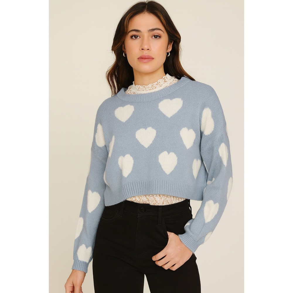 Nasty Gal Light Blue White Heart Pattern Cropped Knit Sweater Women's Size M